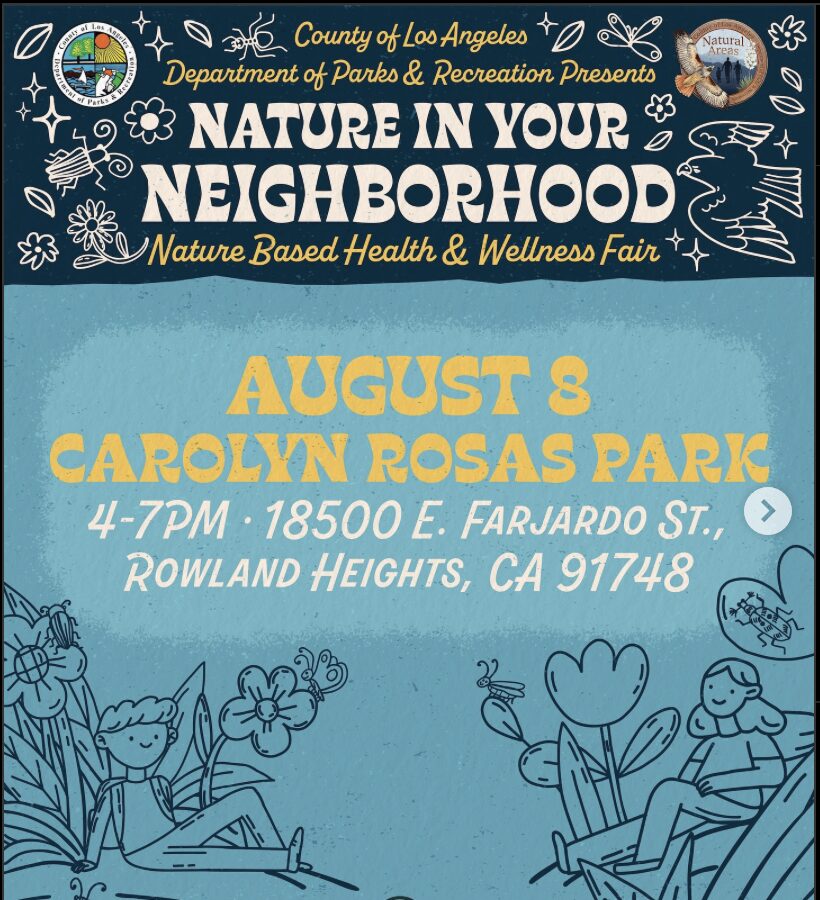 a graphic image of the Nature in your neighborhood event on August 8 from 4-7 pm at Carolyn Rosas Park